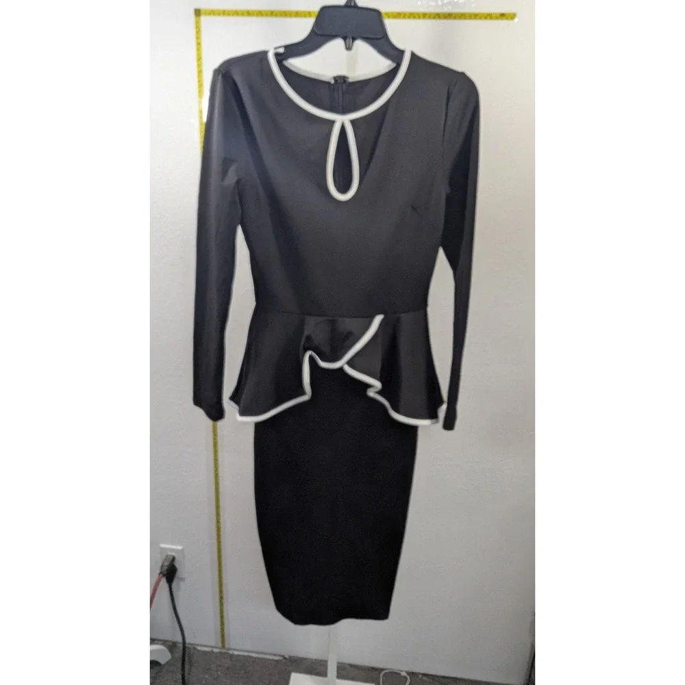Black Peplum Bodycon Dress Long Sleeve White Trim Keyhole Neck‎ Midi Dress